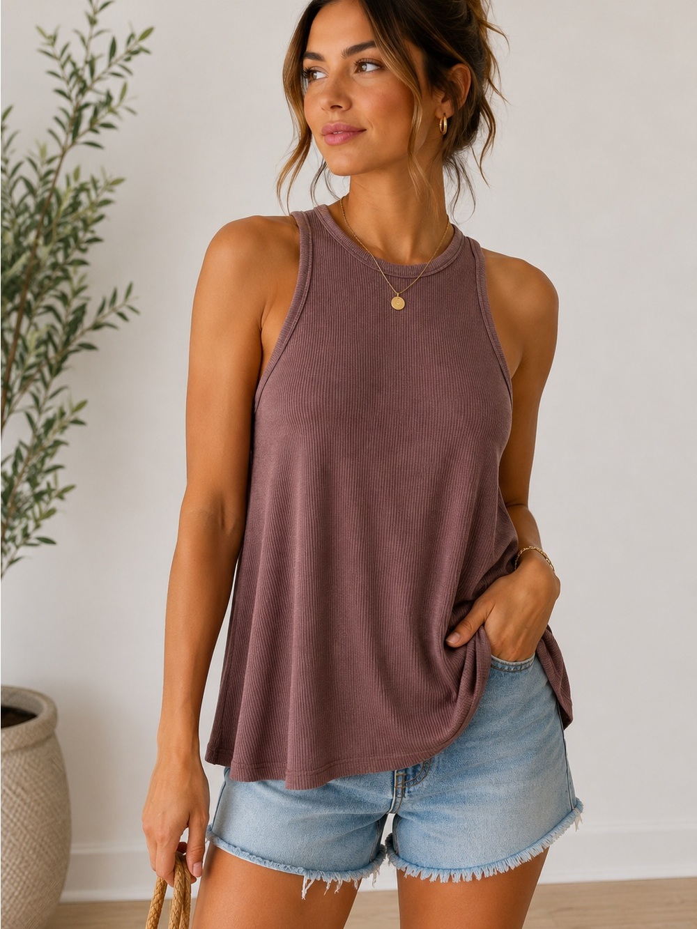 Free People Ribbed Swing Tank Top Dusty Mauve Racerback Size Small